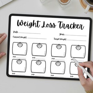 May include: A black and white weight loss tracker with a title that reads "Weight Loss Tracker". The tracker has spaces for recording dates, current weight, target weight, and a scale icon for each week.