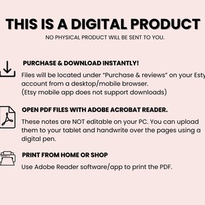 May include: A digital product announcement on a light pink background. Text includes "THIS IS A DIGITAL PRODUCT" and instructions for purchase, download, and printing. Icons of a download arrow, PDF file, and printer are included.