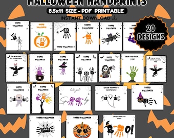 May include: A collection of 20 Halloween-themed handprint designs on white cards. Each card features a unique design, including pumpkins, spiders, ghosts, and skeletons, created using handprints. The text "Happy Halloween" is present on most cards.