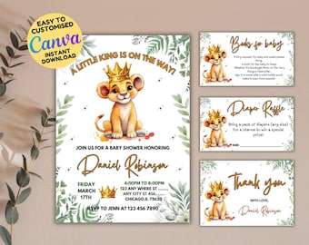 Editable Lion King Baby Shower Invitation Pack, Lion King Kids Party Invite Little King Baby Shower Party Invitation, Jungle Wild Animal
