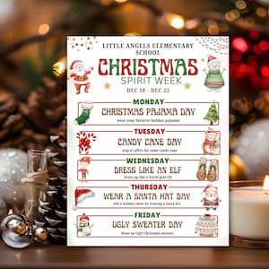 Holiday School Spirit Week Flyer Editable, winter spirit week, December Itinerary, Xmas PTA, Spirit week planner, Christmas Newsletter