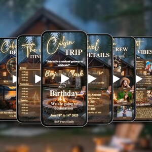 Peut inclure: Cinq &eacute;crans de smartphone affichant une invitation &agrave; une f&ecirc;te d'anniversaire sur le th&egrave;me du chalet. Les &eacute;crans pr&eacute;sentent du texte tel que "Cabin Trip", "Itin&eacute;raire" et "D&eacute;tails", ainsi que des images d'un chalet, d'un feu de joie et de personnes. L'invitation comprend le texte "Benjamin Clark 25e anniversaire."
