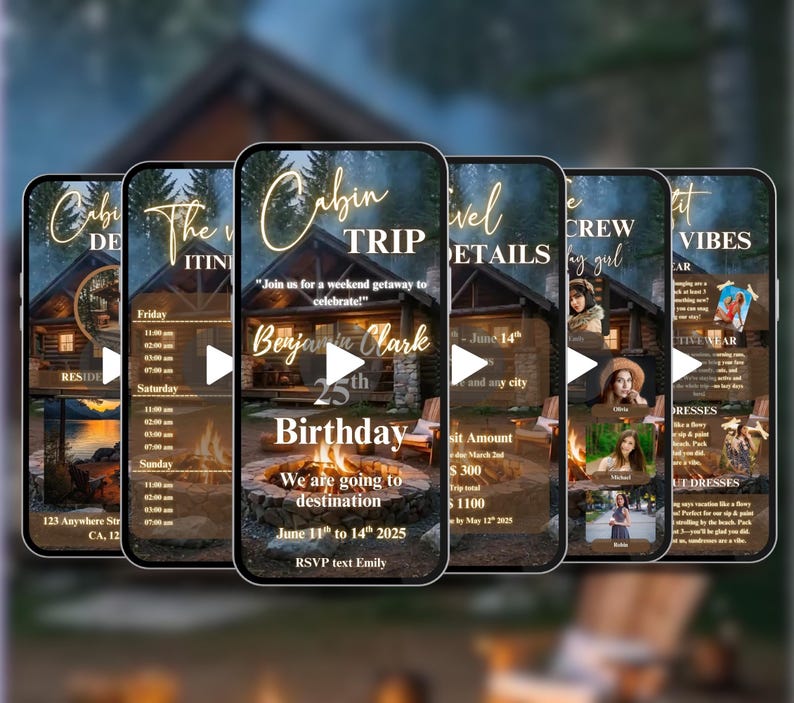 Peut inclure: Cinq &eacute;crans de smartphone affichant une invitation &agrave; une f&ecirc;te d'anniversaire sur le th&egrave;me du chalet. Les &eacute;crans pr&eacute;sentent du texte tel que "Cabin Trip", "Itin&eacute;raire" et "D&eacute;tails", ainsi que des images d'un chalet, d'un feu de joie et de personnes. L'invitation comprend le texte "Benjamin Clark 25e anniversaire."