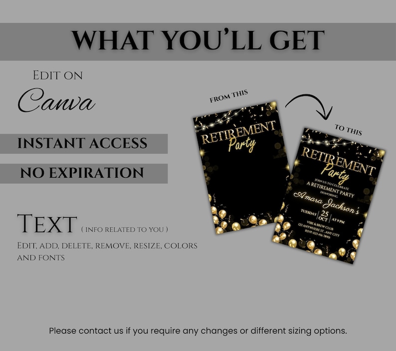 Retirement Party Invitation Template, Editable Retirement Dinner Elegant Black White Gold Sparkle Glitter, Retirement Party It's a Surprise image 8