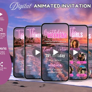 Digital Birthday Weekend Invitation Template, Girls Trip Miami Vacation Schedule Trip Planner Evite, Editable Animated Travel Itinerary