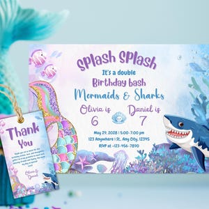 Editable Mermaids and Sharks Double Birthday Invitation, Joint Birthday Invitation, Boy Girl Birthday Invite, Sibling Birthday Under the Sea