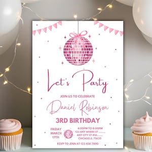 Editable Coquette Bow Disco Party Invitation Template, Pink Party Disco Ball Birthday invite Girl discoball invite karaoke coquette birthday