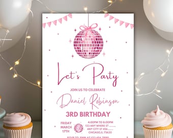 Editable Coquette Bow Disco Party Invitation Template, Pink Party Disco Ball Birthday invite Girl discoball invite karaoke coquette birthday