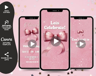 Digital Pink Bow Geburtstag Evite, Kokette Mädchen-Geburtstags-Digital-Einladung, Pastel Pink Ribbon-Mädchen-Geburtstags-Einladung, Mädchen-Party einladen