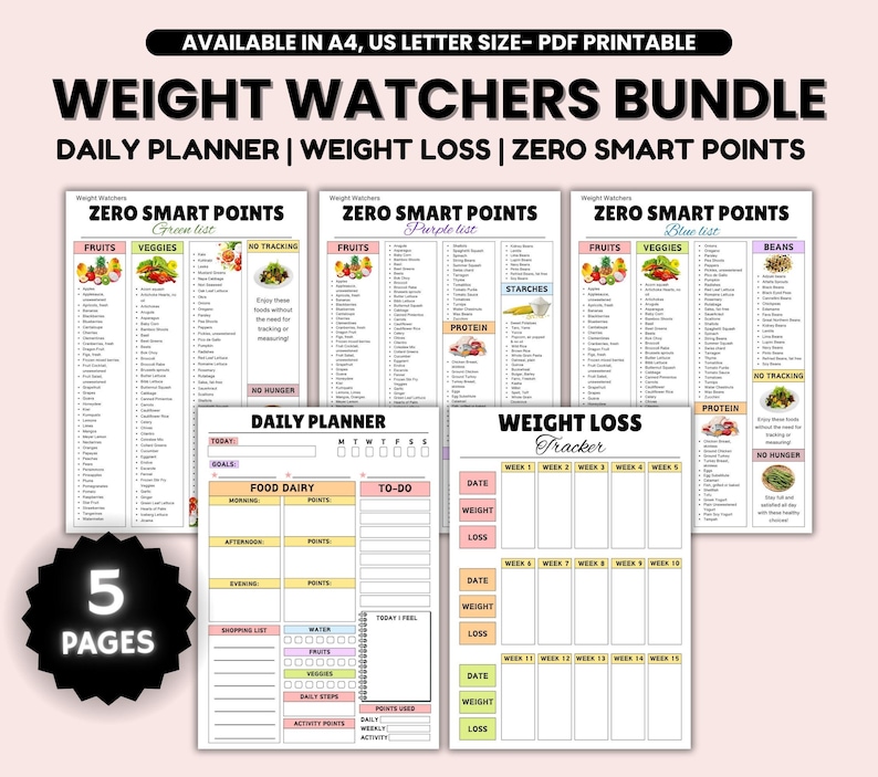 May include: A printable Weight Watchers bundle with a daily planner, weight loss tracker, and zero smart points lists. The bundle includes lists of fruits, vegetables, and other food categories. The text on the image says "Weight Watchers Bundle" and "Daily Planner".