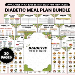 Pacchetto di piani alimentari per diabetici, tabella alimentare per diabetici, foglio dietetico per diabetici, idee per pasti per diabetici, lista della spesa, lista di alimenti per diabetici, settimanale e mensile