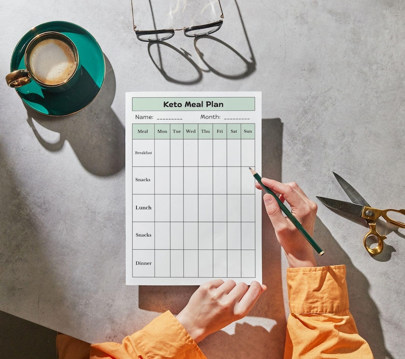 May include: A printable keto meal plan template with a green header and a grid for planning meals for each day of the week. The template includes sections for breakfast, snacks, lunch, dinner, and snacks.