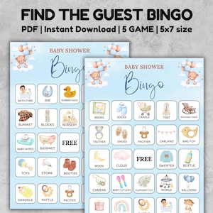 Baby Shower Bingo Game, Unique Prefilled Baby Bingo Game Cards, Baby Gift Bingo Cards, Blue Bear Baby Shower Bingo Game, Minimalist Baby