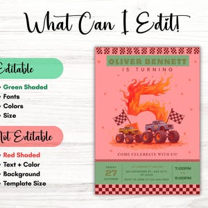 Puede incluir: Una invitaci&oacute;n rosa para una fiesta de cumplea&ntilde;os con tem&aacute;tica de monster trucks. La invitaci&oacute;n presenta un gran n&uacute;mero 5 hecho de llamas, dos monster trucks y el texto "Oliver Bennett is turning". La invitaci&oacute;n tambi&eacute;n incluye la fecha, hora y lugar.