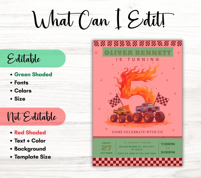 Puede incluir: Una invitaci&oacute;n rosa para una fiesta de cumplea&ntilde;os con tem&aacute;tica de monster trucks. La invitaci&oacute;n presenta un gran n&uacute;mero 5 hecho de llamas, dos monster trucks y el texto "Oliver Bennett is turning". La invitaci&oacute;n tambi&eacute;n incluye la fecha, hora y lugar.