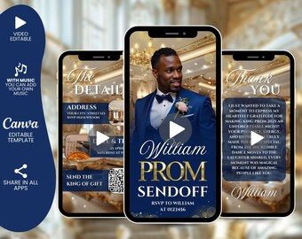 Digital Prom Send Off Invitation, Editable Beige Gold Boys Flyer Template, King Prom Party Invite, Men DIY Graduation Celebration Animated