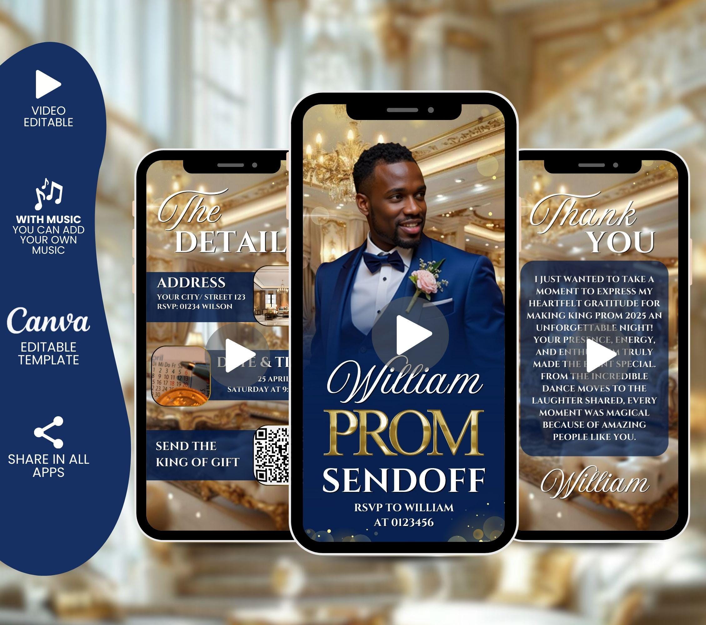 Digital Prom Send off Invitation, Editable Beige Gold Boys Flyer