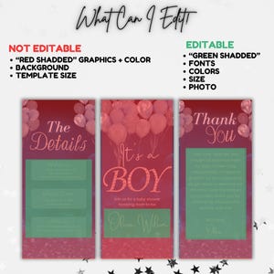 May include: Printable baby shower invitation template with a red and pink background. The text "It's a Boy" is in a sparkly pink font. The template includes sections for "The Details", "Thank You", and a space for the mom-to-be's name.