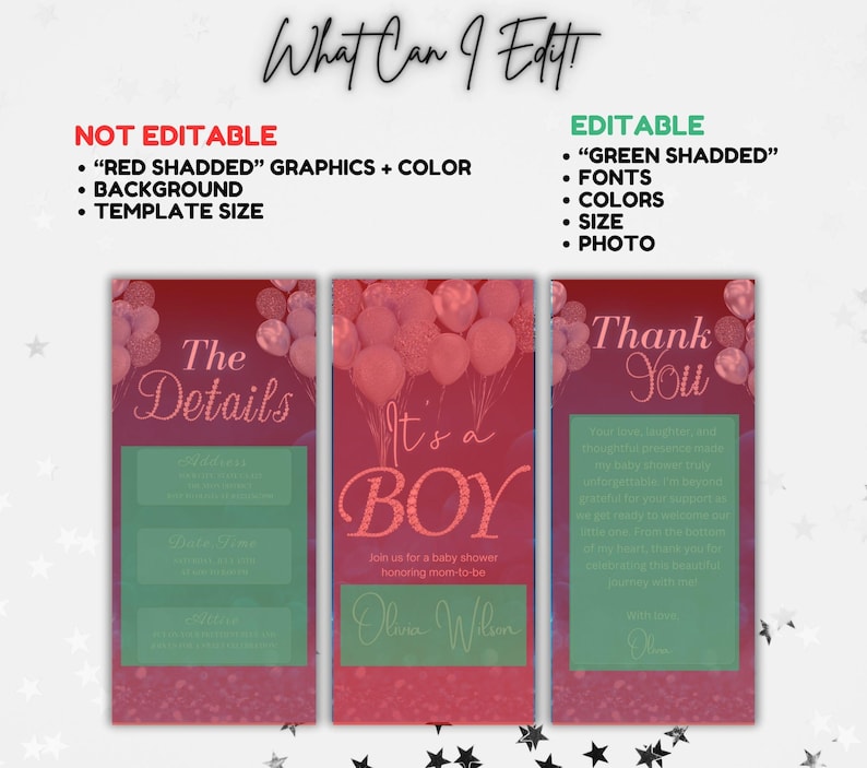 May include: Printable baby shower invitation template with a red and pink background. The text "It's a Boy" is in a sparkly pink font. The template includes sections for "The Details", "Thank You", and a space for the mom-to-be's name.