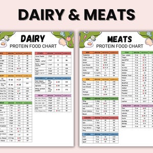 Puede incluir: Un gr&aacute;fico colorido titulado "DAIRY & MEATS" muestra una tabla de alimentos proteicos. El gr&aacute;fico enumera varios productos l&aacute;cteos, carnes y pescados con tama&ntilde;os de porci&oacute;n, contenido de prote&iacute;nas e informaci&oacute;n cal&oacute;rica. El texto "PROTEIN FOOD CHART" es visible.
