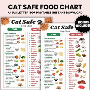 May include: A printable chart with a green paw print and the text "Cat Safe Food Chart" in a white box. The chart is divided into two columns, "Safe" and "Not Safe", with a list of foods for cats under each heading. The chart includes images of various foods, such as chicken, fish, eggs, cheese, carrots, blueberries, rice, and chocolate.