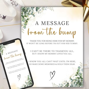 A Message From the Bump Personalized Template, Greenery and Gold Baby Shower Bump Sign, Editable Gender Neutral Message From Baby