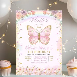 Vlinder verjaardagsuitnodiging, meisje vlinder feest, vlinder uitnodiging sjabloon voor meisjes verjaardagsfeestje, eerste verjaardagsuitnodiging,