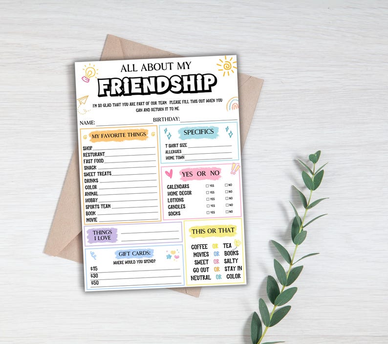 Friendship Questionnaire.pdf Printable Getting to Know You Friendship Survey, Favorite List Survey ...