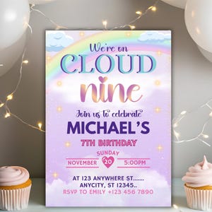 Cloud 9 Birthday Invitation Editable, Cloud Nine Birthday Invitation, Digital Rainbow Cloud 9 Invitation Watercolor Cloud 9 Party Invitation