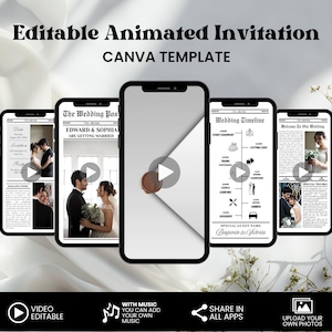 Könnte beinhalten: Eine animierte Hochzeitseinladungsvorlage, die auf fünf Smartphones angezeigt wird. Das Design zeigt Layouts im Zeitungsstil mit Hochzeitsfotos und Veranstaltungsdetails. Der Text enthält "Editable Animated Invitation" und "CANVA TEMPLATE".