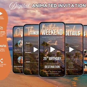 Editable Animated Travel Itinerary, Girls Trip Miami Vacation Schedule Trip Planner Evite, Digital Birthday Weekend Invitation Template