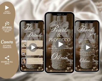 May include: Three phone screens with a bridal shower invitation theme. The first screen says "The Details" and has a list of details for the shower. The second screen says "Pearls & Prosecco" and has a picture of a bottle of champagne decorated with pearls. The third screen says "Thank You" and has a picture of a bottle of champagne decorated with pearls.