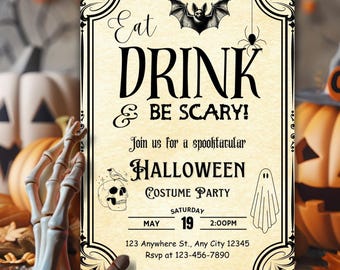 Puede incluir: Invitación a una fiesta de Halloween con un diseño vintage. El texto dice "Eat, Drink & Be Scary!" con ilustraciones de murciélagos, arañas, calaveras y fantasmas. La fecha es el 19 de mayo a las 2:00 PM.