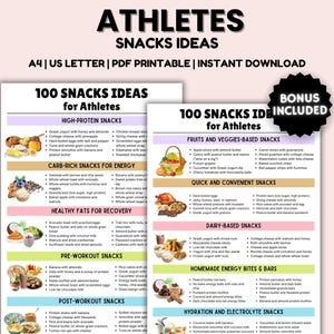 Może przedstawiać: Drukowany przewodnik PDF z 100 pomysłami na przekąski dla sportowców, podzielony na kategorie, takie jak bogate w białko, bogate w węglowodany, zdrowe tłuszcze, przed treningiem, po treningu, owoce i warzywa, szybkie i wygodne, nabiał, domowe batoniki energetyczne i przekąski, a także nawadnianie i elektrolity.