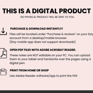 May include: A digital product information sheet with the text "THIS IS A DIGITAL PRODUCT" and instructions on how to purchase, download, and print the PDF file. The sheet includes icons and details about the process.