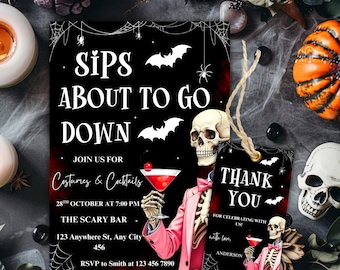 Editable Adult Halloween Skeleton Invitation, Sips About to Go Down Halloween Invite, Cocktails and Costumes Invite, Halloween Cocktails