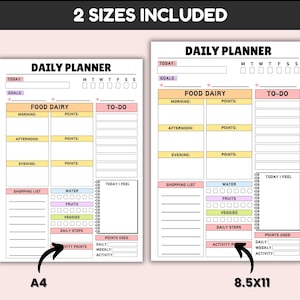 May include: Two daily planner sheets with the text "DAILY PLANNER". The planners include sections for goals, food diary, to-do lists, shopping lists, water intake, fruits, veggies, and daily steps. One is A4 size, the other is 8.5x11 inches.