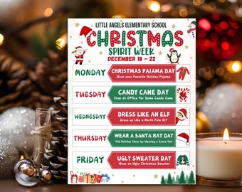 Holiday School Spirit Week Flyer Editable, winter spirit week, December Itinerary, Xmas PTA, Spirit week planner, Christmas Newsletter