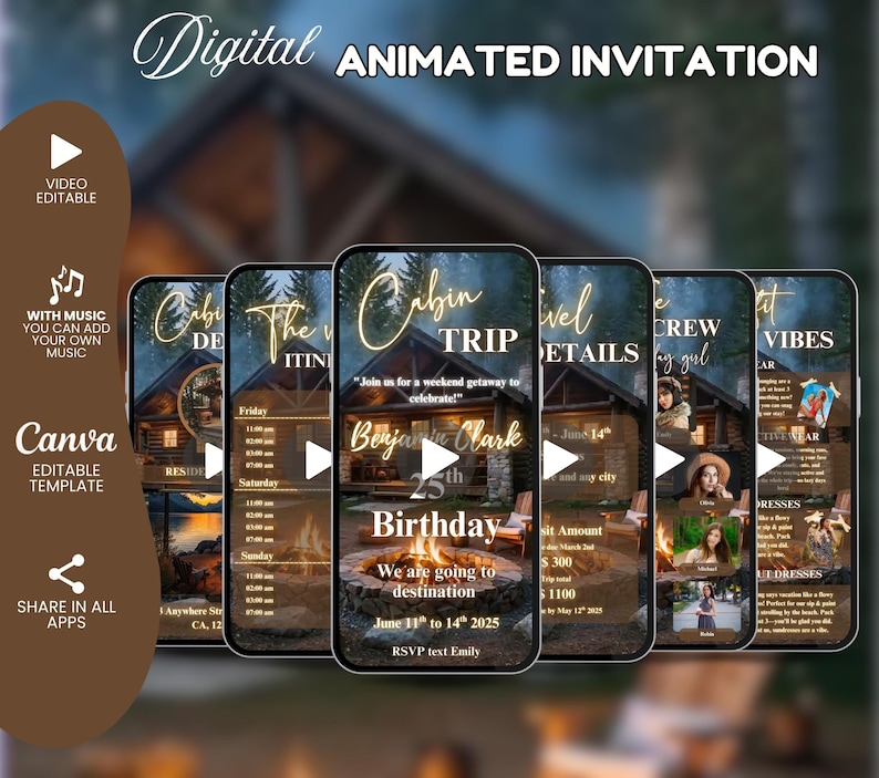 Peut inclure: Conception d'invitation anim&eacute;e num&eacute;rique sur le th&egrave;me d'un voyage en cabane. La conception comprend plusieurs &eacute;crans de smartphone affichant les d&eacute;tails de l'&eacute;v&eacute;nement, y compris une c&eacute;l&eacute;bration d'anniversaire. Le texte comprend "Cabin Trip", "Birthday" et "We are going to destination".