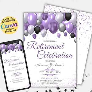 Modelo de convite editável para festa de aposentadoria, jantar de aposentadoria com balões elegantes em preto, roxo e prata, festa de aposentadoria é uma surpresa