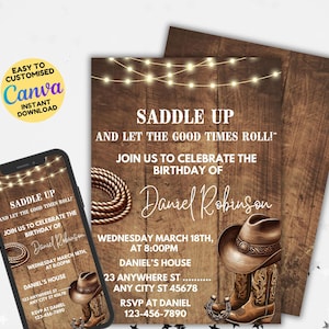 Invito modificabile stile country western, invito compleanno cowboy, sali in sella e mettiti gli stivali, invito compleanno cowboy stampabile