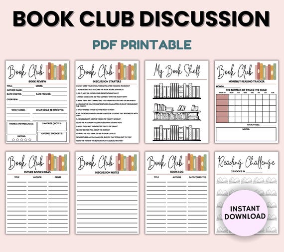 Book Club Discussion Bundle, Printable Book Club Kit, Bookclub Host Idea, My Bookshelf Review, Book challenge, Digital Reading Journal