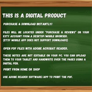 May include: A digital product announcement on a green chalkboard with a wooden frame. White text provides instructions for purchasing and downloading files instantly. It specifies where to find files and how to open and print them.