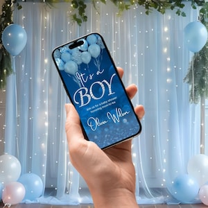 May include: A blue and silver baby shower invitation on a smartphone screen. The invitation reads "It's a Boy" with blue and silver balloons in the background. The text also includes "Join us for a baby shower honouring mom-to-be Olivia Wilson."