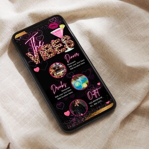 May include: A black smartphone displays a digital menu with the text "The Vibes" in a pink neon font with leopard print accents. The menu includes sections for dinner, drinks, and outfit, with pink hearts and a cocktail illustration.