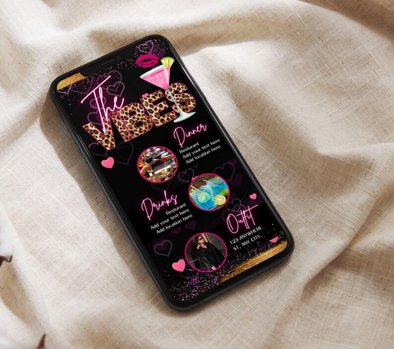 May include: A black smartphone displays a digital menu with the text "The Vibes" in a pink neon font with leopard print accents. The menu includes sections for dinner, drinks, and outfit, with pink hearts and a cocktail illustration.