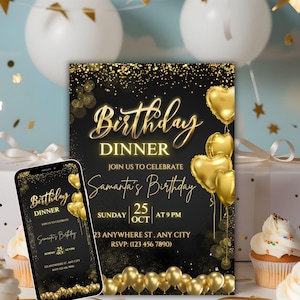 Birthday Dinner Invitation Editable, Black Tie Glam Invite, Animated Black Golden Balloon Evite For Men & Women, Self Editable Invite