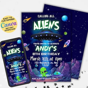 Editable Alien Birthday invitation, UFO invitation, Alien Invitation Template, Spaceship Party, Galaxy Theme Birthday, Space Birthday Invite