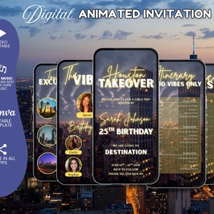 Digital Birthday Travel Texas Vacation, Animated Houston Takeover Trip Itinerary Invitation, Weekend Getaway Schedule, Travel Itinerary