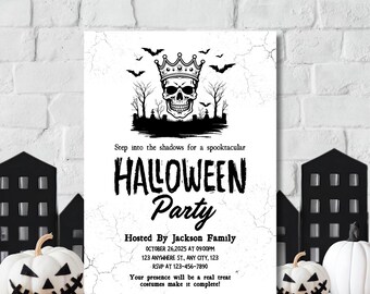 Bearbeitbare Vintage Schädel-Halloween-Einladungsvorlage, druckbare Halloween-Party einladen, Kostüme und Cocktails einladen, Halloween für Erwachsene